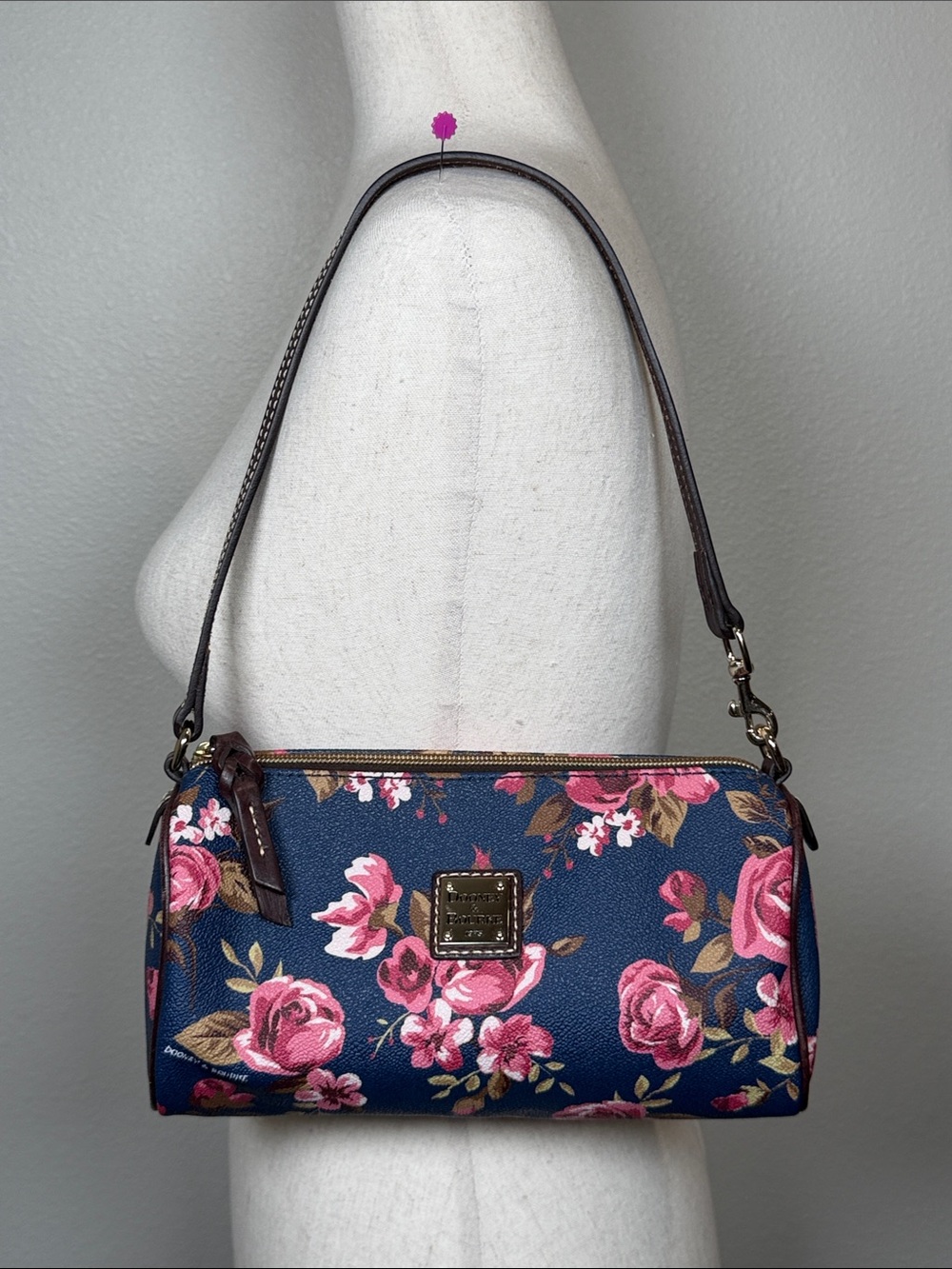 Dooney & Bourke Small Barrel Bag Pink Cabbage Rose Navy & Pink Red Interior